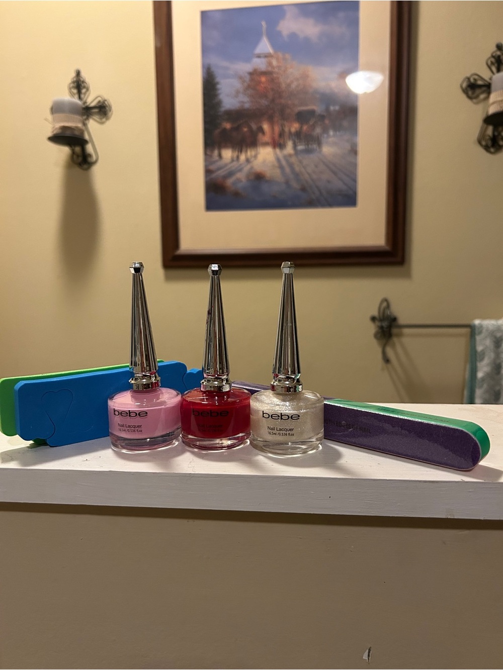 bebe Nail Lacquer Trio in Pink, Red, Pearl with Buffers